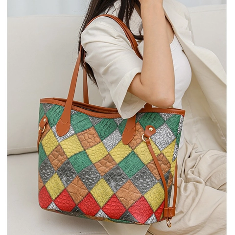 Sac Cabas en Tissu Patchwork pour Femme Motif Crocodile Gauffré Sac à Épaule Grande Capacité et Petite Pochette