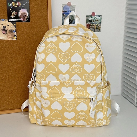 Kawaii Cartoon Hart Bedrukte Nylon Rugzak Voor Dames Grote Capaciteit Student Schooltas Met Pluche Hond Hanger Casual Reizen Rugzak
