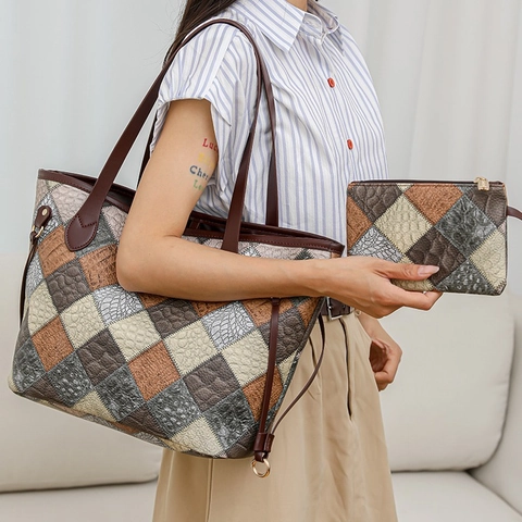 Sac Cabas en Tissu Patchwork pour Femme Motif Crocodile Gauffré Sac à Épaule Grande Capacité et Petite Pochette