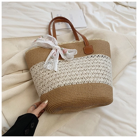 Bolso Tote de Paja Tejida para Mujer Con Lazo de Encaje Bordado Bolso de Hombro Minimalista de Gran Capacidad Verano