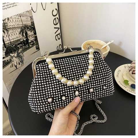 Damen Luxus Strass Abendtasche Eleganter Künstlicher Perlengriff Crossbody Tasche Mit Abnehmbarer Metallkette