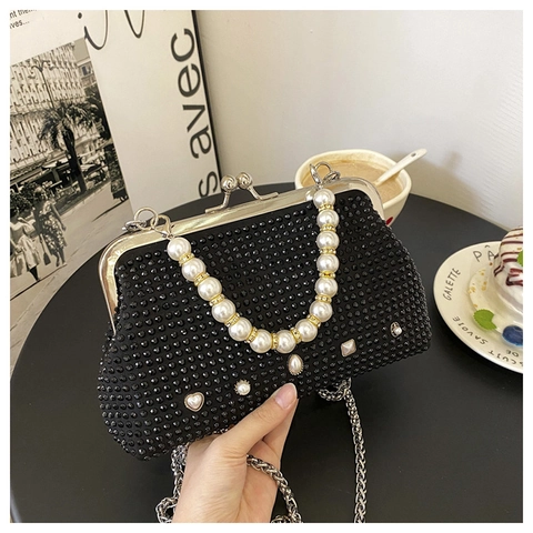 Damen Luxus Strass Abendtasche Eleganter Künstlicher Perlengriff Crossbody Tasche Mit Abnehmbarer Metallkette