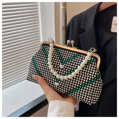 Women Luxurious Rhinestone Evening Bag With Artificial Pearl Handle Elegant V-Striped Pattern Shoulder Crossbody Bag Handbag For Party Wedding
