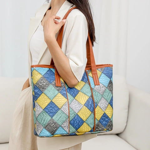 Sac Cabas en Cuir PU Mode Patchwork Losanges Motif Crocodile Grande Capacité Sac à Épaule Femme Bureau Quotidien