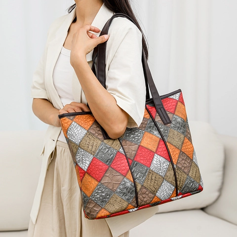 Sac Cabas en Cuir PU Mode Patchwork Losanges Motif Crocodile Grande Capacité Sac à Épaule Femme Bureau Quotidien