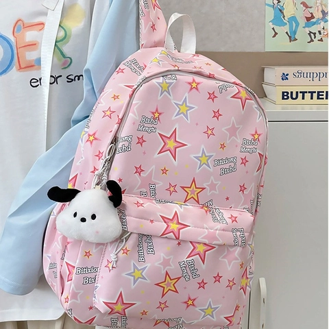 Sac à Dos Femme en Nylon Motif Étoiles Avec Pendentif Peluche Sac d'École Grande Capacité pour Adolescentes