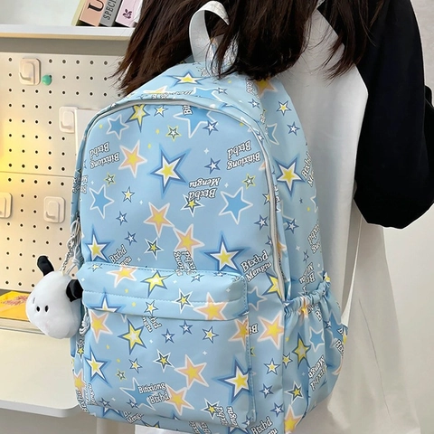 Sac à Dos Femme en Nylon Motif Étoiles Avec Pendentif Peluche Sac d'École Grande Capacité pour Adolescentes