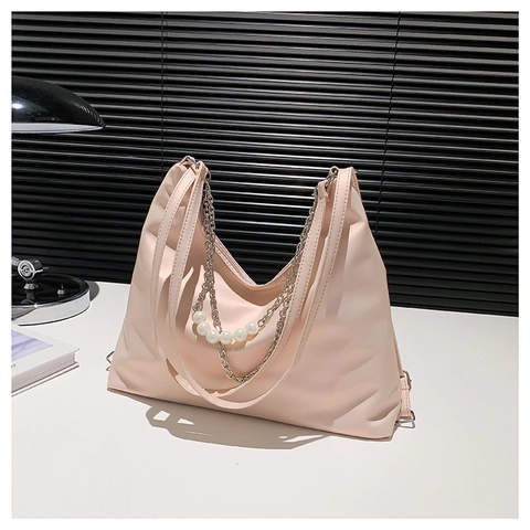 Women Fashion PU Leather Hobo Shoulder Bag With Elegant Artificial Pearl Metal Chain Decor Minimalist Solid Color Underarm Bag