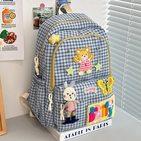 Kawaii Gitter Nylon Rucksack Für Damen Süße Cartoon Bär Hase Aufnäher Schultasche Große Kapazität Student Schule Reise Tasche
