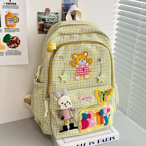 Kawaii Gitter Nylon Rucksack Für Damen Süße Cartoon Bär Hase Aufnäher Schultasche Große Kapazität Student Schule Reise Tasche