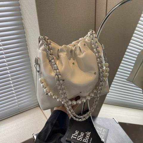 Women Shiny PU Quilted Diamond Shoulder Bag With Artificial Pearl Chain Handle Rivet Decor Magnetic Buckle Crossbody Handbag