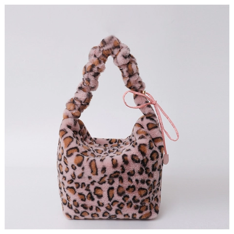 Bolso de Hombro de Peluche para Mujer Estampado Animal Leopardo Cebra Asa Fruncida Bolso de Mano de Piel Sintética para Viajes