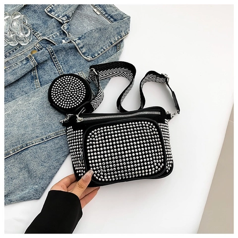 Bolso de Hombro de Cuero PU para Mujer Con Mini Bolsa Redonda Bolso Bandolera de Strass Correa Ancha a Rayas Bolso de Moda
