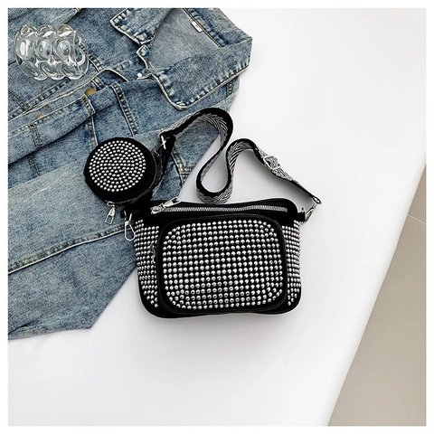 Bolso de Hombro de Cuero PU para Mujer Con Mini Bolsa Redonda Bolso Bandolera de Strass Correa Ancha a Rayas Bolso de Moda