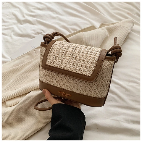 Mode Damen PU Stroh Gewebte Umhängetasche Boho Patchwork Tasche Mit Geknotetem Gurt Täglich Urlaub Vielseitige Klappenhandtasche