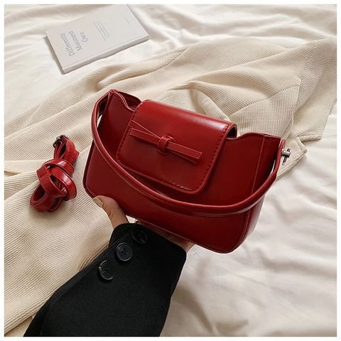 Bolso de Hombro de Cuero PU para Mujer Decoración de Lazo Bolso Bandolera Moda Retro Color Sólido Bolso de Mano Elegante