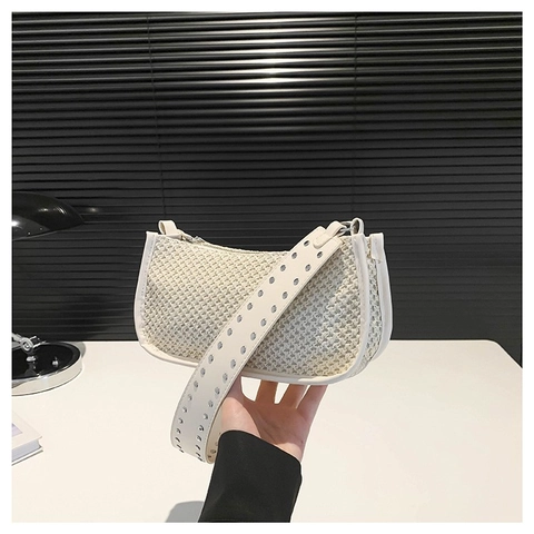 Women Woven PU Leather Shoulder Bag Rivet Wide Strap Underarm Bag Summer Casual Chic Handbag Minimalist Solid Color Purse