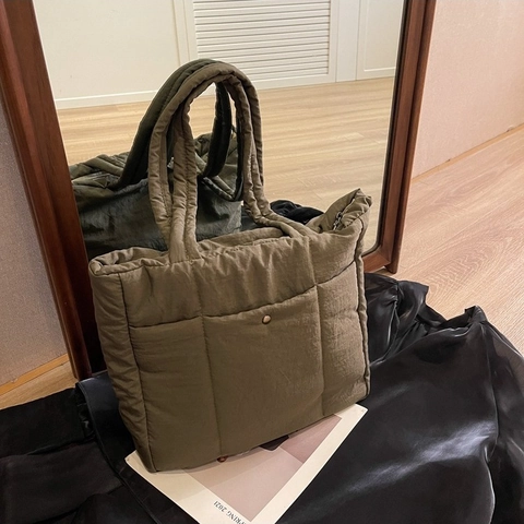 Women Large Quilted Tote Bag Fashion Solid Color Fabric Puffy Shoulder Bag Casual Versatile Top Handle Handbag Travel Bag