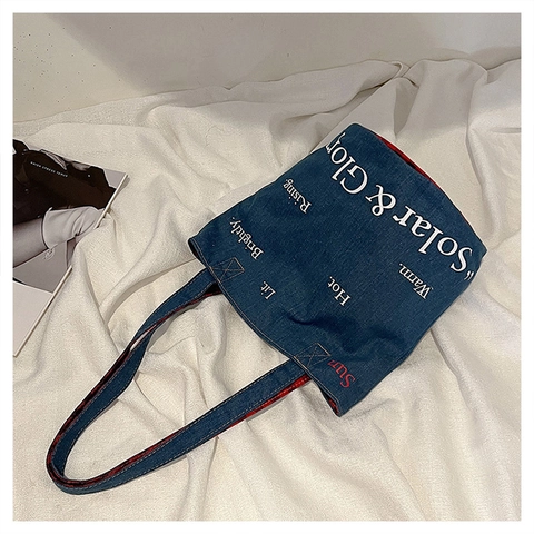 Sac Fourre-Tout en Toile Denim Décontracté Urbain pour Femmes avec Impression de Lettres Sac à Main Grande Capacité