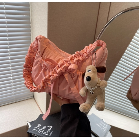 Trendy Ruched Hobo Bag For Women With Bow Decor Fabric Shoulder Bag With Plush Dog Charm Versatile Summer Fashion Bag