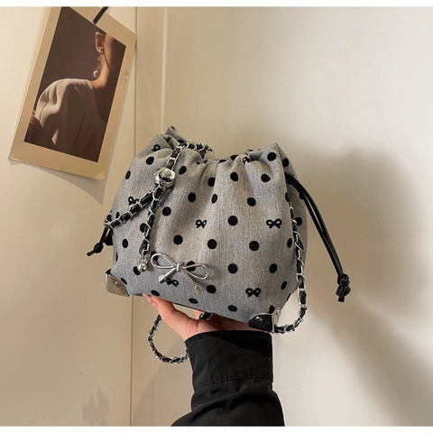 Damen Trendige Stoff Eimertasche Mit Schleifendekoration Herz Punktmuster Karo Kordelzug Kette Schulter Umhängetasche