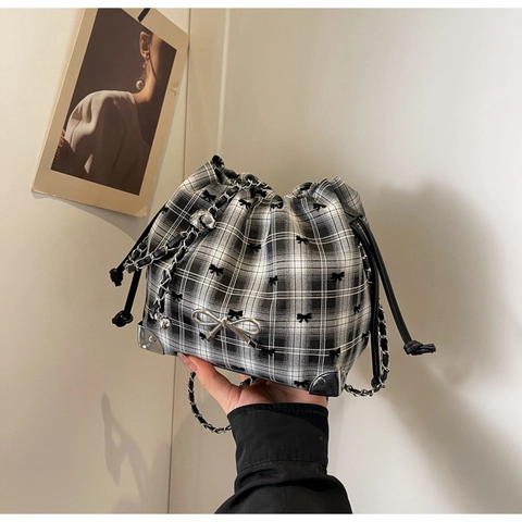 Damen Trendige Stoff Eimertasche Mit Schleifendekoration Herz Punktmuster Karo Kordelzug Kette Schulter Umhängetasche
