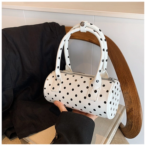 Vintage Damen Polka Dot Barrel Schultertasche PU Leder Retro Zylinder Umhängetasche Handtasche Für Den Täglichen Weg Mode