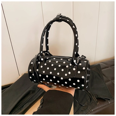 Vintage Damen Polka Dot Barrel Schultertasche PU Leder Retro Zylinder Umhängetasche Handtasche Für Den Täglichen Weg Mode