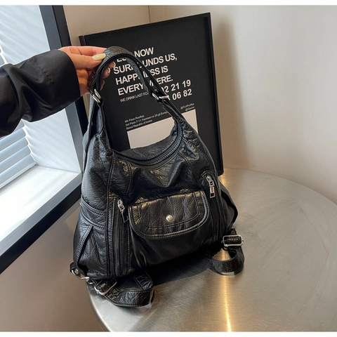 Borsa a Spalla da Donna in Pelle PU Grande Capacità Vintage Texture Increspata Multitasche Hobo Bag Semplice Borsa da Viaggio Quotidiana