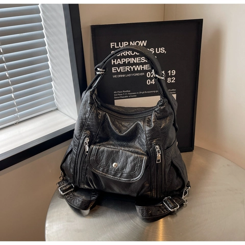 Borsa a Spalla da Donna in Pelle PU Grande Capacità Vintage Texture Increspata Multitasche Hobo Bag Semplice Borsa da Viaggio Quotidiana