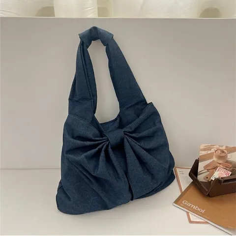 Large Bowknot Denim Tote Bag For Women Minimalist Shoulder Bag Solid Color Casual Handbag For Daily Shopping Travel