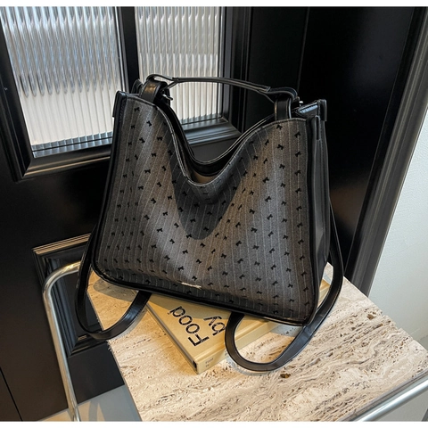 Women Large Capacity Canvas Tote Bag Leather Trim Bow Polka Dot Pattern Shoulder Bag Trendy Daily Commute Handbag