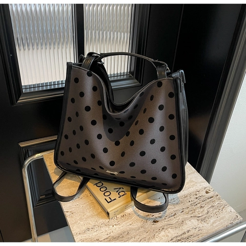 Women Large Capacity Canvas Tote Bag Leather Trim Bow Polka Dot Pattern Shoulder Bag Trendy Daily Commute Handbag