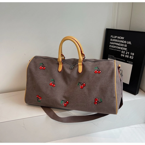 Sac de Voyage en Toile avec Broderie Cerise pour Femmes Sac de Sport Grande Capacité Sac de Week-end avec Bandoulière Réglable