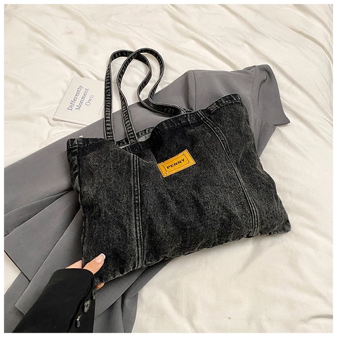 Women Casual Washed Denim Tote Bag Large Capacity Vintage Denim Shoulder Bag With Letter Patch Label Solid Color Bag
