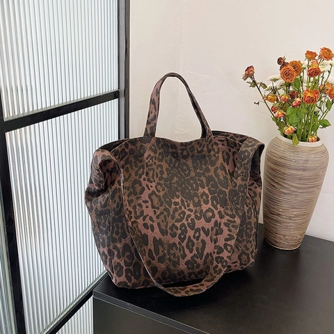 Borsa Tote in Tela con Stampa Leopardata Grande Capacità Borsa a Spalla da Donna Casual Moda Urbana Borsa a Tracolla per Uso Quotidiano
