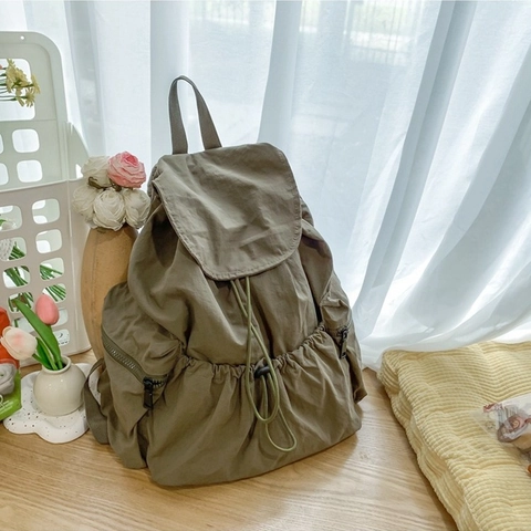 Sac à Dos Minimaliste en Nylon pour Femmes Grande Capacité Fermeture à Cordon Multi Poches Léger Mode Urbaine École
