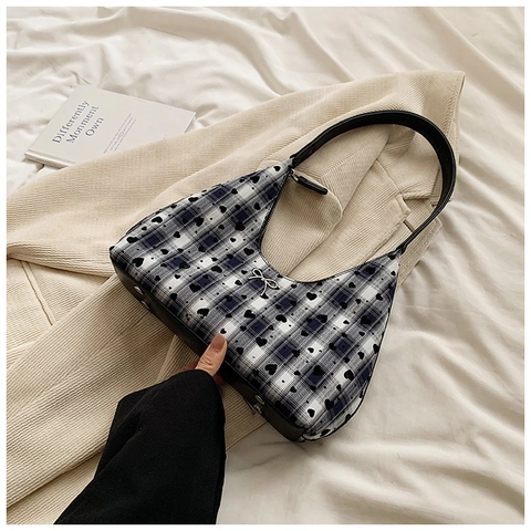 Retro Women PU Leather Hobo Bag Heart Polka Dot Pattern Plaid Shoulder Bag With Metal Bow Decoration Versatile Underarm Bag