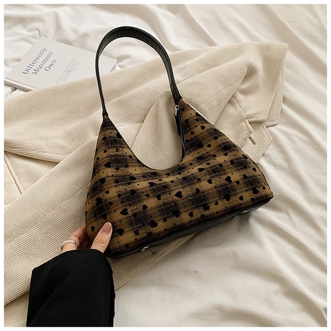 Retro Women PU Leather Hobo Bag Heart Polka Dot Pattern Plaid Shoulder Bag With Metal Bow Decoration Versatile Underarm Bag