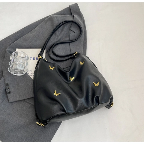 Damen Große Kapazität PU Schultertasche Minimalistisch Gold Schmetterling Dekoration Hobo Tote Bag Weiche Leder Handtasche