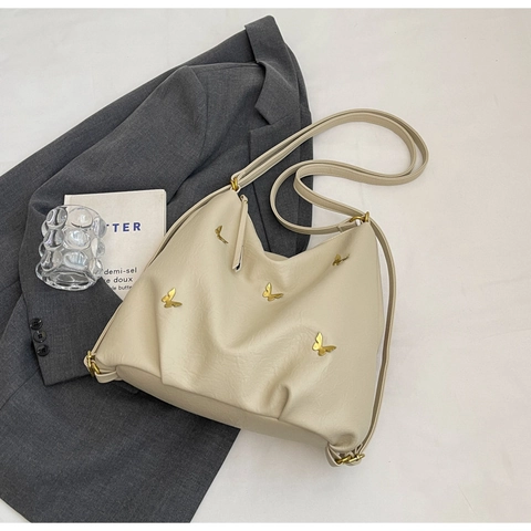 Damen Große Kapazität PU Schultertasche Minimalistisch Gold Schmetterling Dekoration Hobo Tote Bag Weiche Leder Handtasche