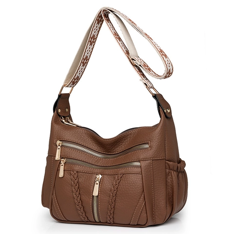 Damen Weichem PU Leder Umhängetasche Mit Vielen Taschen Große Kapazität Lychee-Narbung Schultertasche Mit Geflochtenem Riemen Lässige Tote