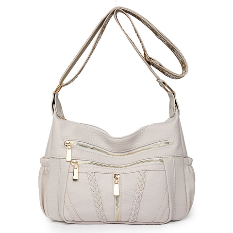 Damen Weichem PU Leder Umhängetasche Mit Vielen Taschen Große Kapazität Lychee-Narbung Schultertasche Mit Geflochtenem Riemen Lässige Tote