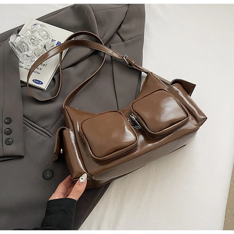 Damen Multi-Tasche Schultertasche Glänzend PU Leder Umhängetasche Y2K Funktionale Hobo Tasche Metallic Mode Urban Bag