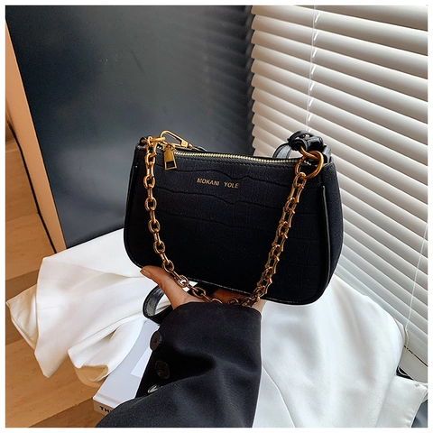 Retro Krokodil Reliëf PU Leer Baguette Tas Voor Dames Stijvolle Matte Schoudertas Met Gouden Metalen Ketting Decoratie