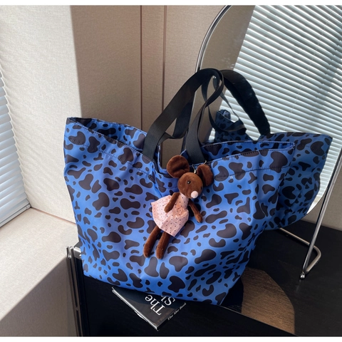 Borsa Tote in Tessuto da Donna a Grande Capacità Con Stampa Animalier Mucca Leopardo Borsa a Spalla Con Simpatico Charm Topo in Peluche