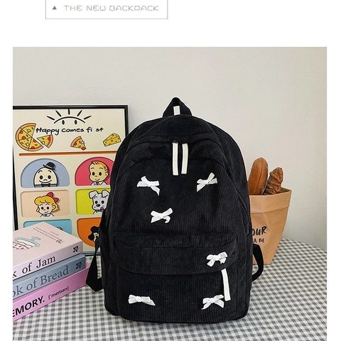 Sac à Dos en Velours Côtelé pour Femmes Nœud Papillon Douceur Grande Capacité Sac d'École Quotidien pour Filles Style Collège