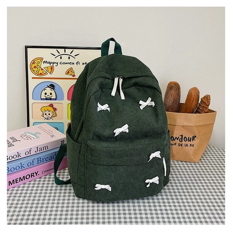 Sac à Dos en Velours Côtelé pour Femmes Nœud Papillon Douceur Grande Capacité Sac d'École Quotidien pour Filles Style Collège