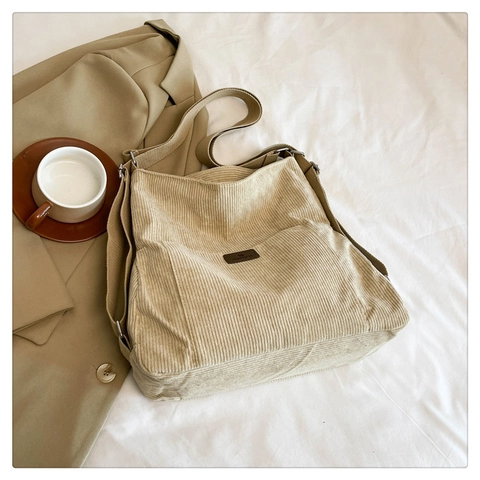Women Large Capacity Corduroy Shoulder Bag Urban Minimalist Vertical Stripe Design Versatile Crossbody Backpack For Daily Commuting