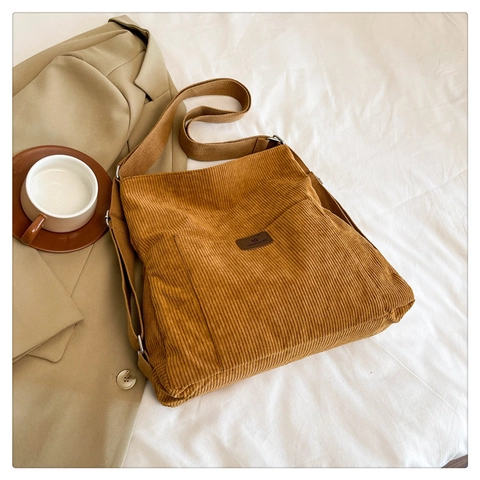 Women Large Capacity Corduroy Shoulder Bag Urban Minimalist Vertical Stripe Design Versatile Crossbody Backpack For Daily Commuting